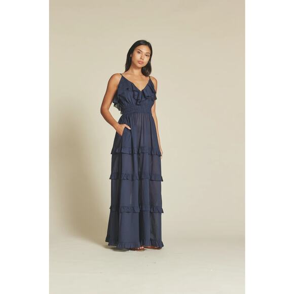Trovata Birds of Paradis Lisboa Dress Navy Blue V Neck Maxi Sleeveless XS NWT - Picture 1 of 10